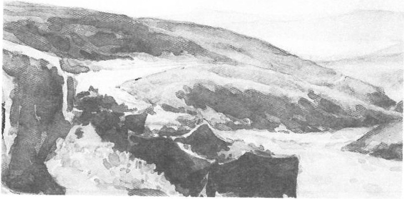 Watercolour — figures by a lake with smoke clouds